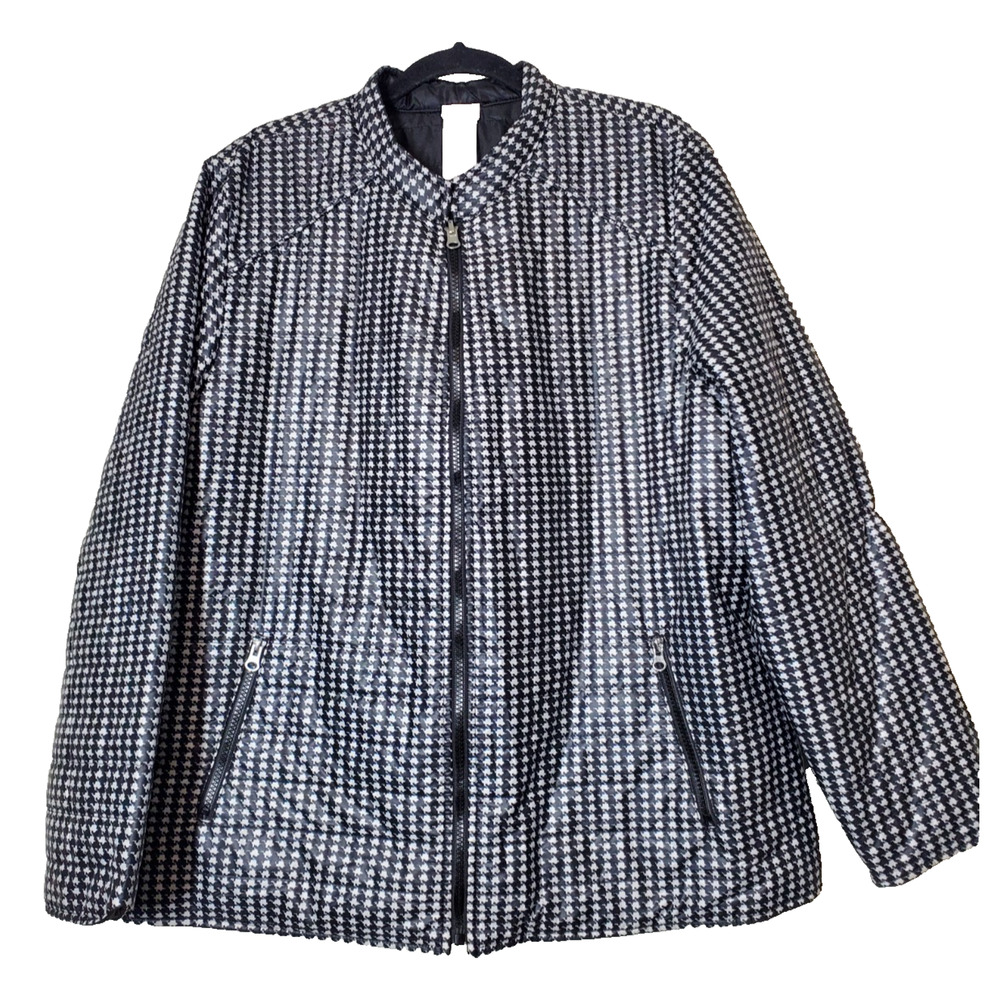 Chico's 3‎ Womens 16-18 Puffer Jacket Houndstooth Full Zip Black & White Pockets